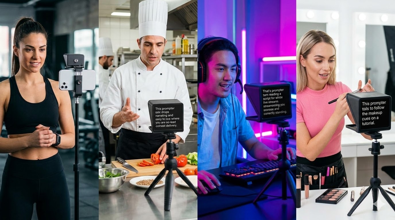 Professional writing and reviewing a teleprompter script at a desk